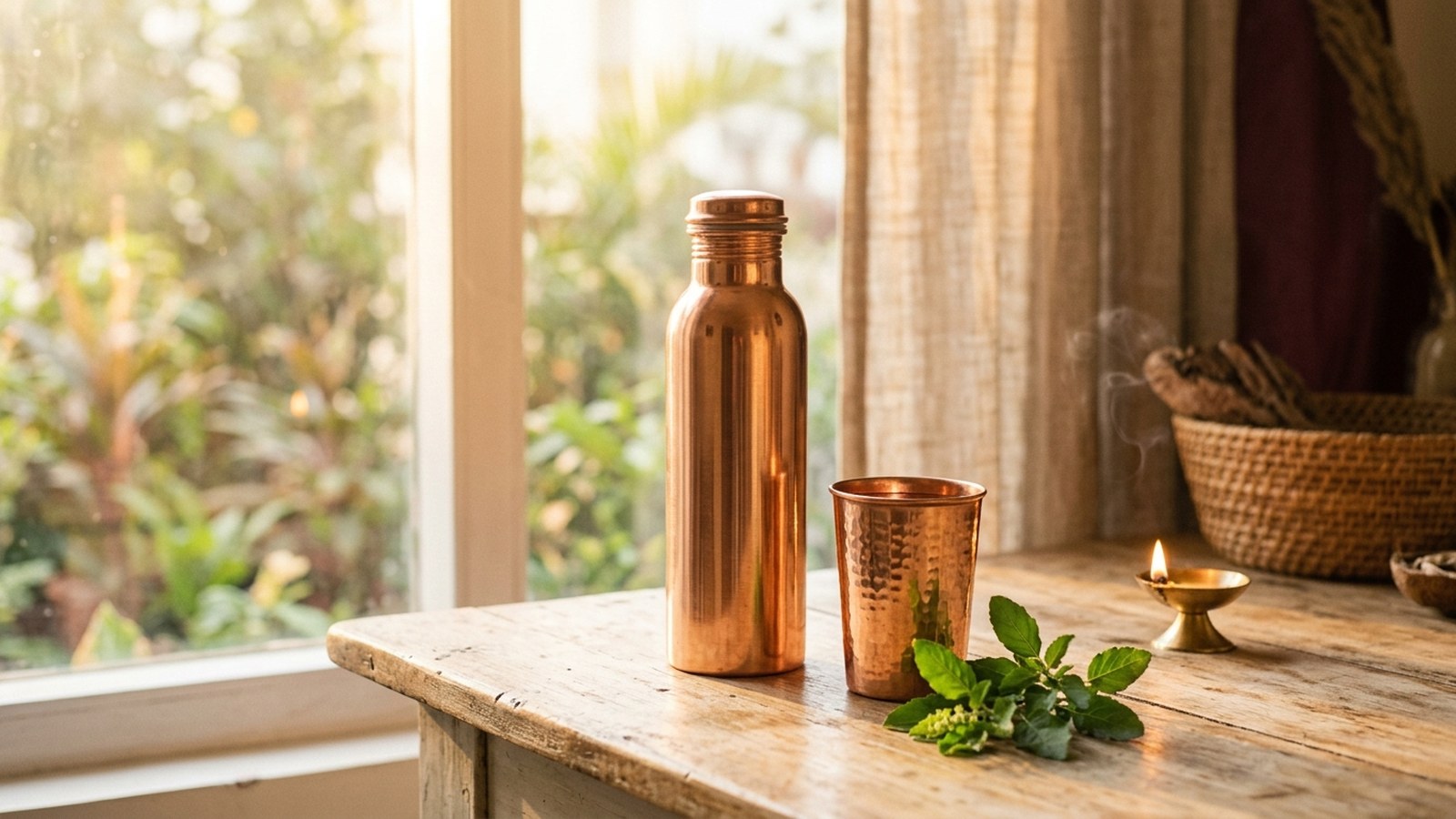Pure copper water bottle and copper glass with tulsi leaves in morning light - Tamra Jal - Divine Sansar