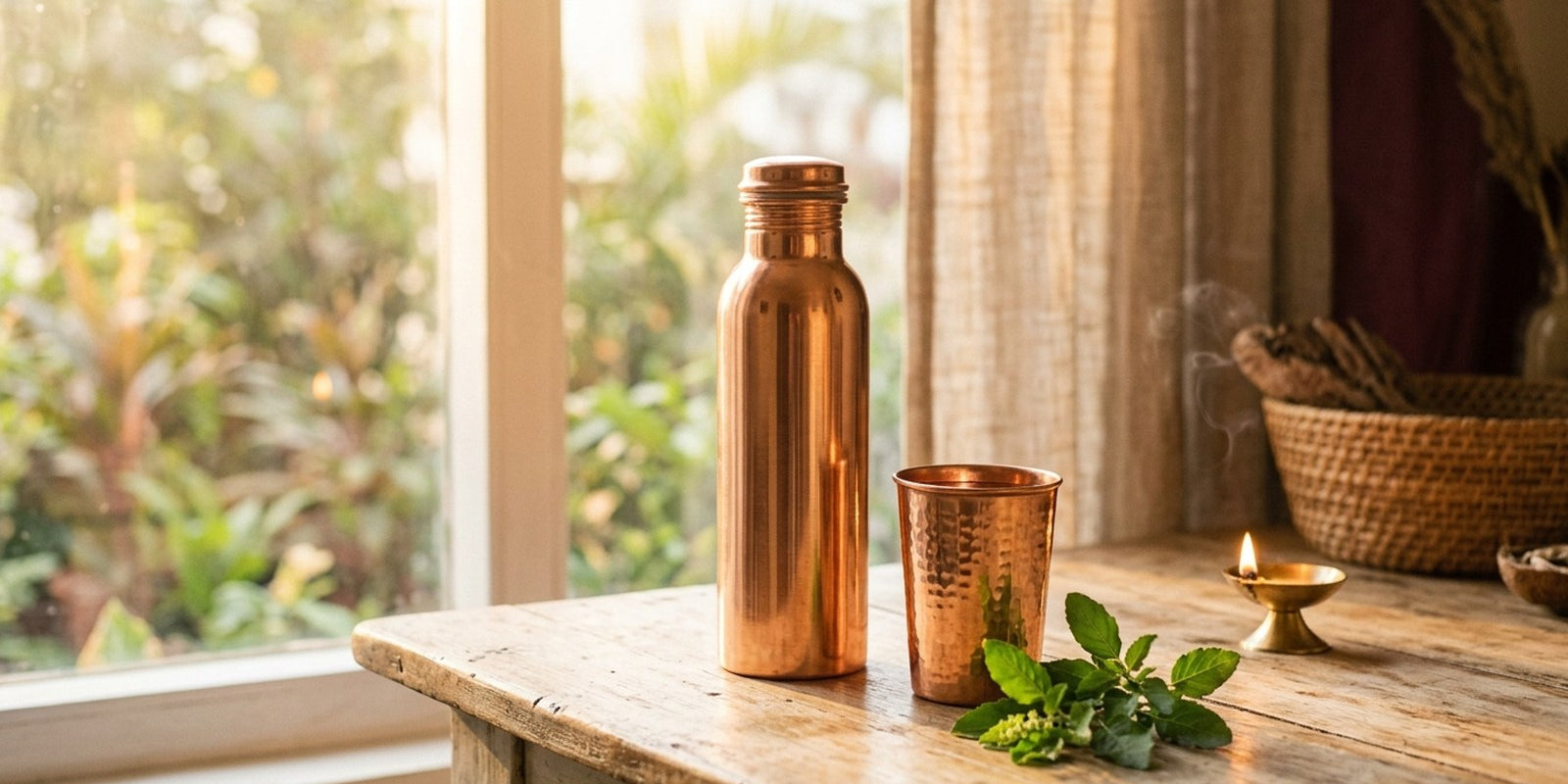 Pure copper water bottle and copper glass with tulsi leaves in morning light - Tamra Jal - Divine Sansar