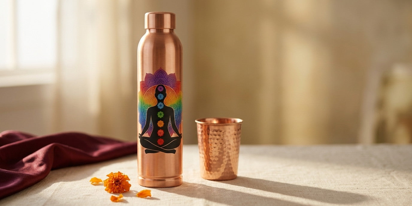 Copper water bottle with chakra mandala print and copper tumbler on linen in low dawn light - Divine Sansar UAE