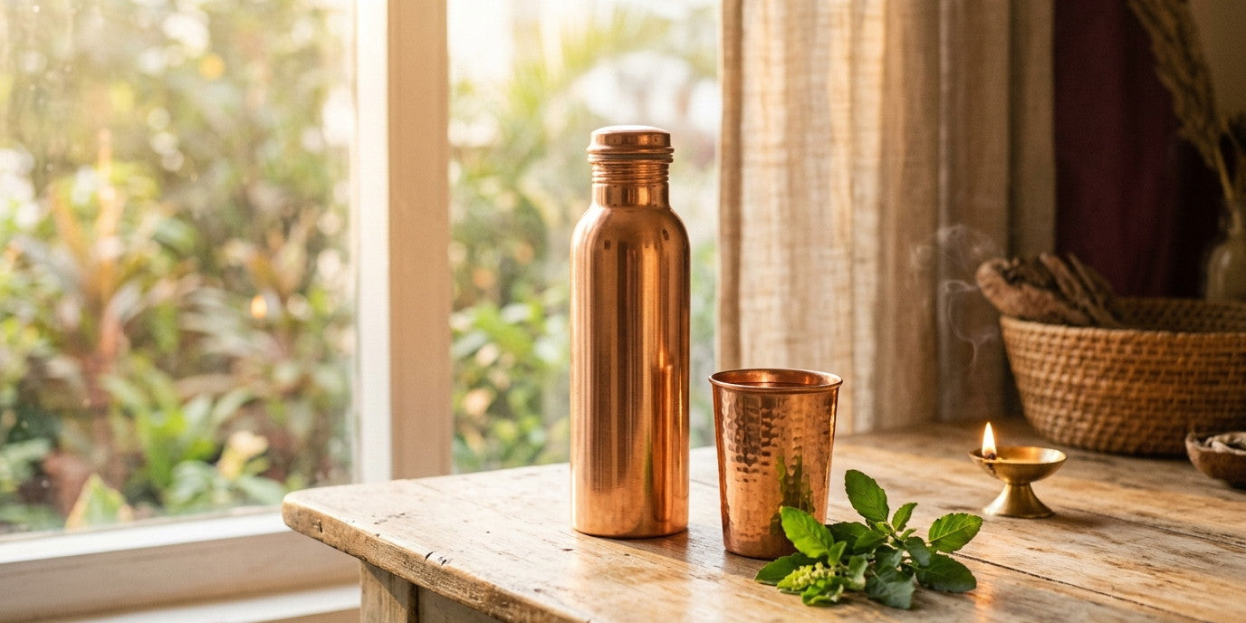 Polished copper water bottle and hammered copper tumbler with tulsi and a lit brass diya on wood by a window - Divine Sansar UAE