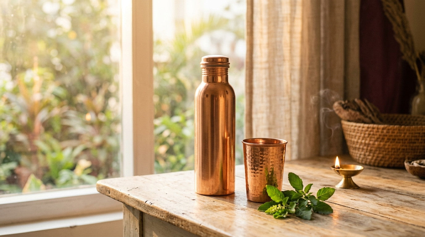 Polished copper water bottle and hammered copper tumbler with tulsi and a lit brass diya on wood by a window - Divine Sansar UAE