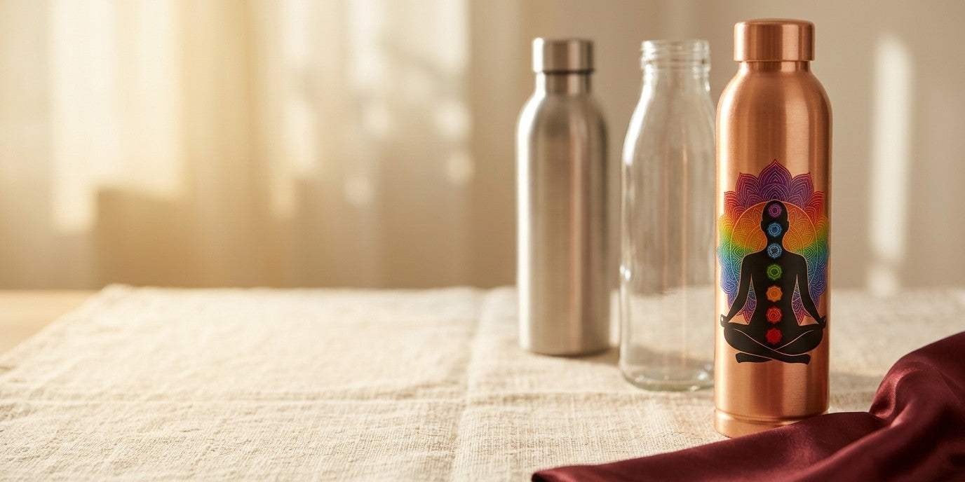 Copper water bottle in focus with plain glass and stainless steel bottles behind on cream linen - Divine Sansar UAE
