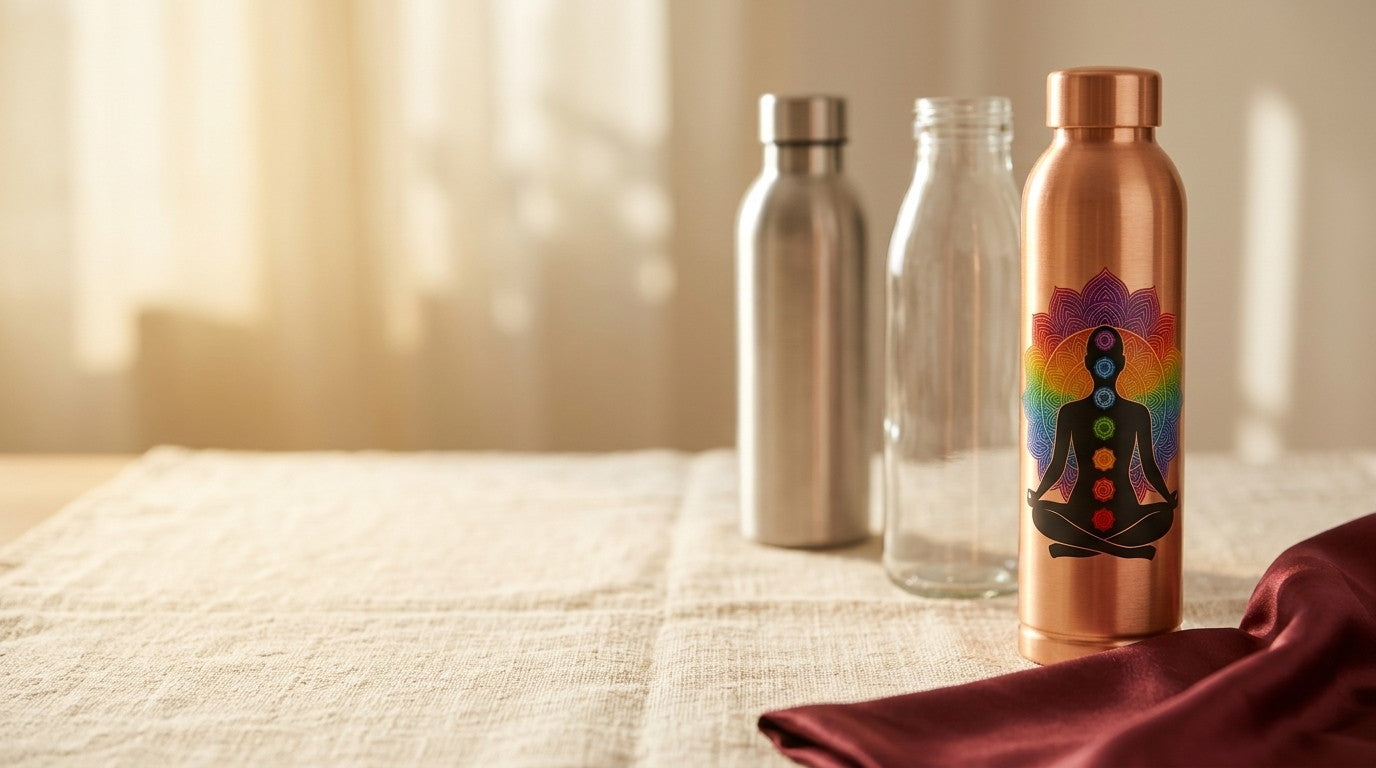 Copper water bottle in focus with plain glass and stainless steel bottles behind on cream linen - Divine Sansar UAE