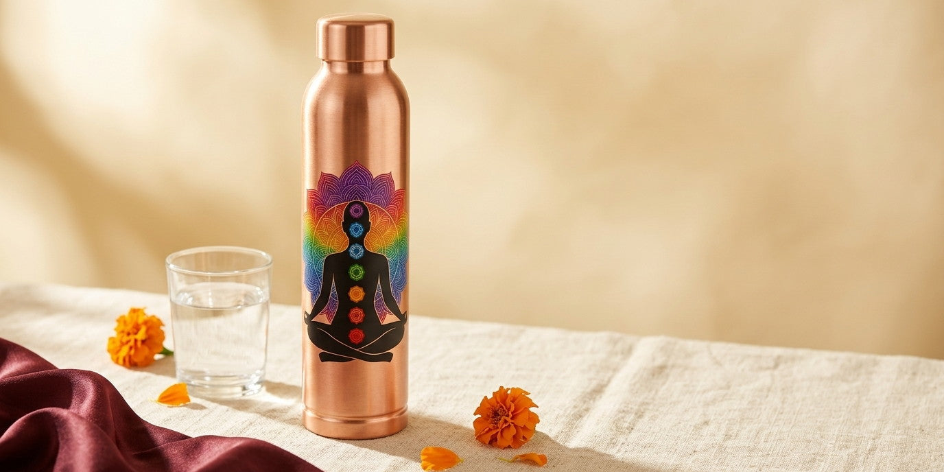 Copper water bottle with chakra mandala print, glass of water and marigold petals on cream linen - Divine Sansar UAE