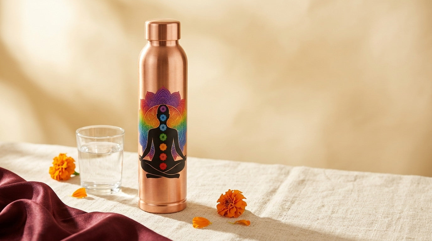 Copper water bottle with chakra mandala print, glass of water and marigold petals on cream linen - Divine Sansar UAE