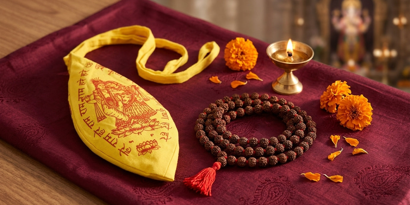 Rudraksha japa mala and yellow Gomukhi bag with diya and marigold - Divine Sansar