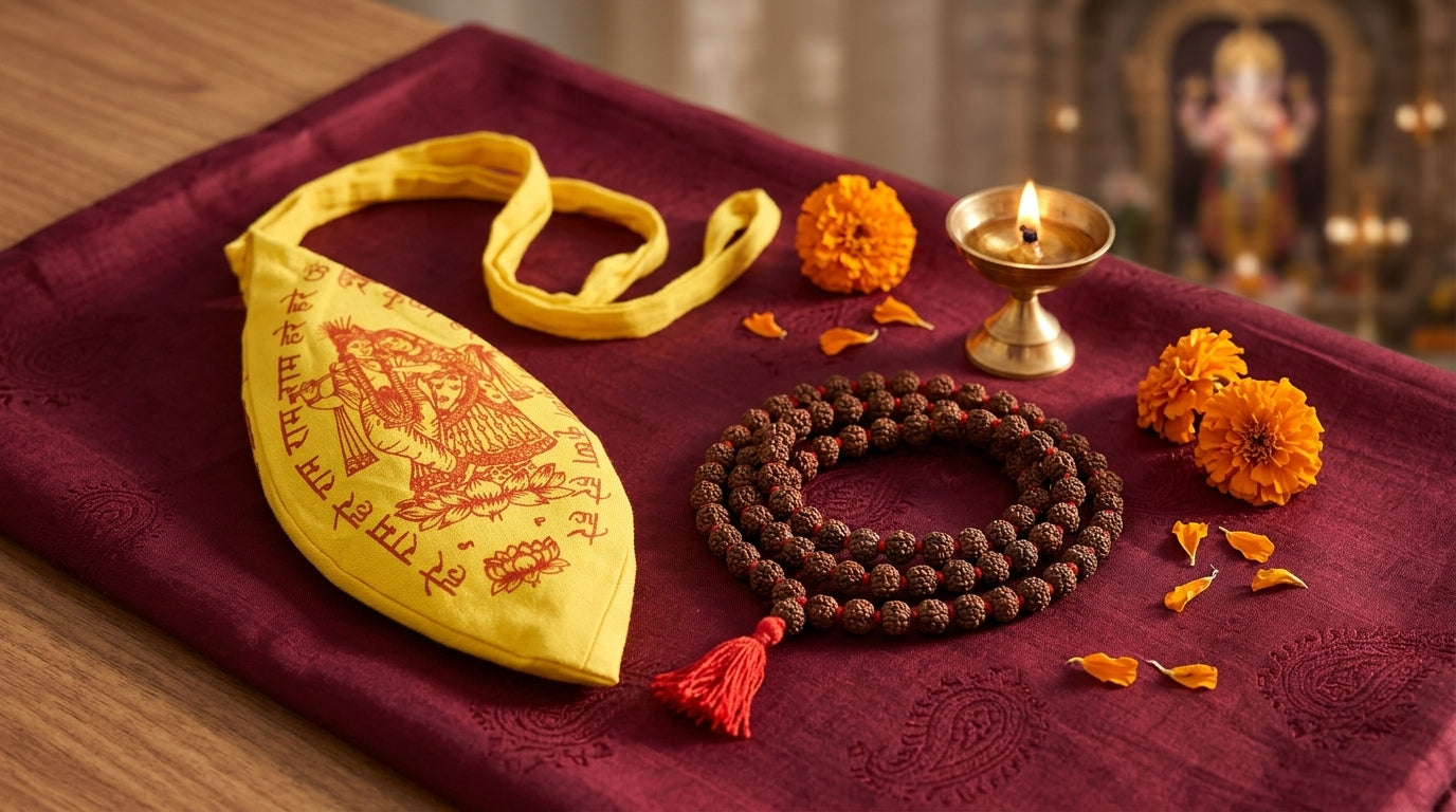 Rudraksha japa mala and yellow Gomukhi bag with diya and marigold - Divine Sansar