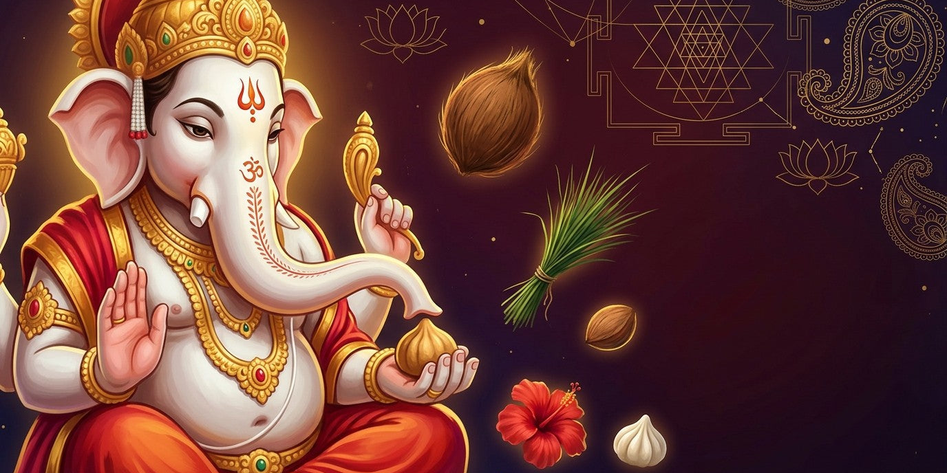 Seated Ganesha with a coconut, durva bundle, red hibiscus and modak floating in deep maroon space - Divine Sansar UAE