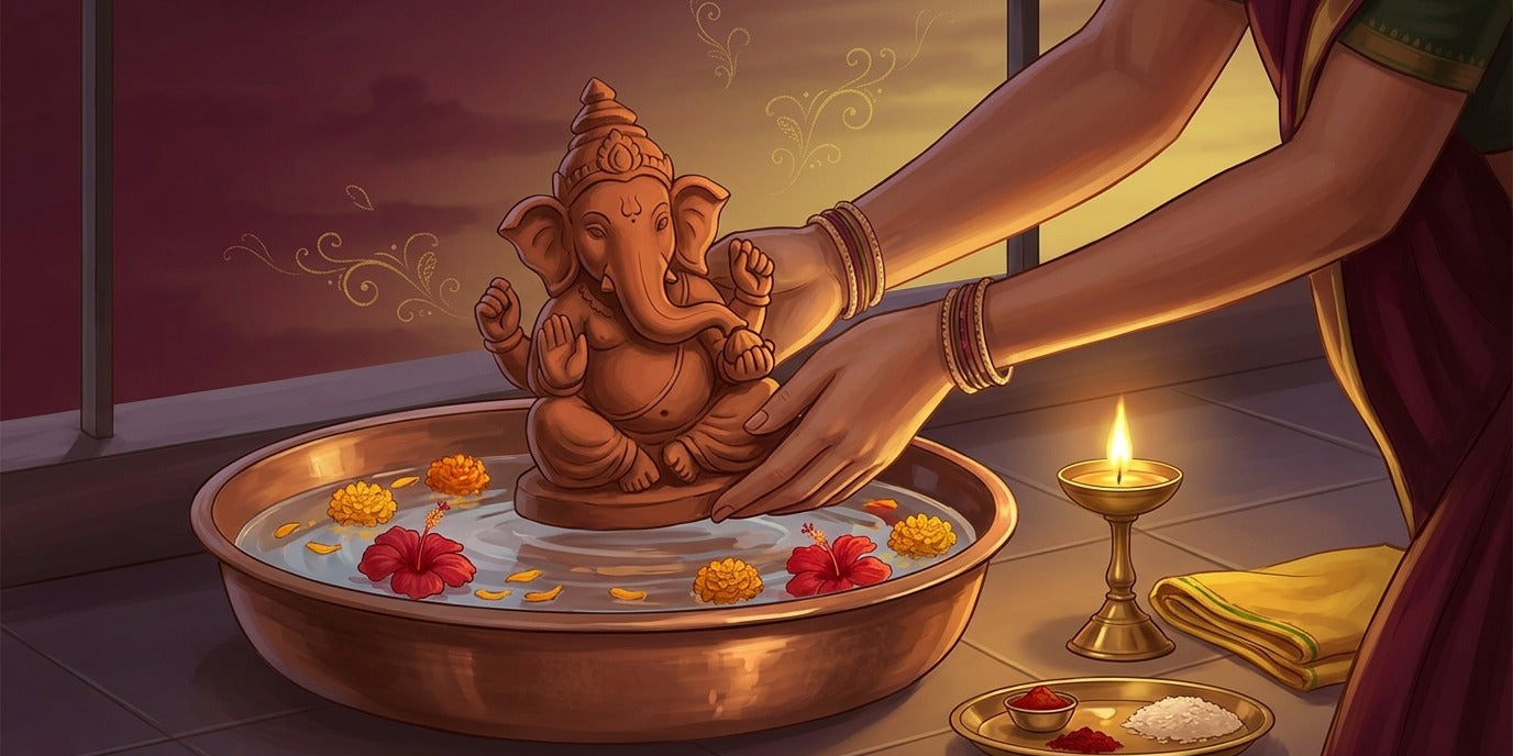 Hands lowering a small terracotta Ganesha idol into a copper vessel of water strewn with marigold and hibiscus petals - Divine Sansar UAE