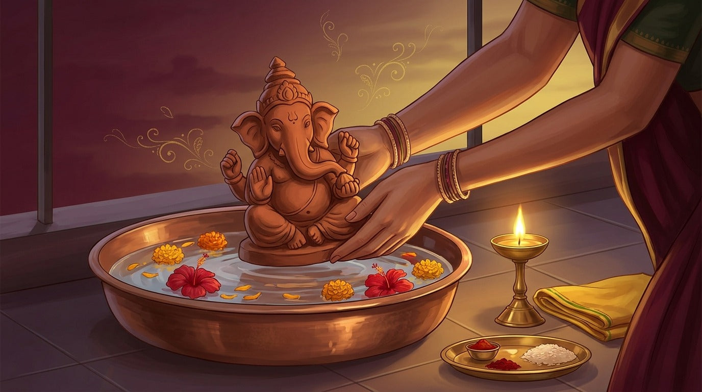 Hands lowering a small terracotta Ganesha idol into a copper vessel of water strewn with marigold and hibiscus petals - Divine Sansar UAE