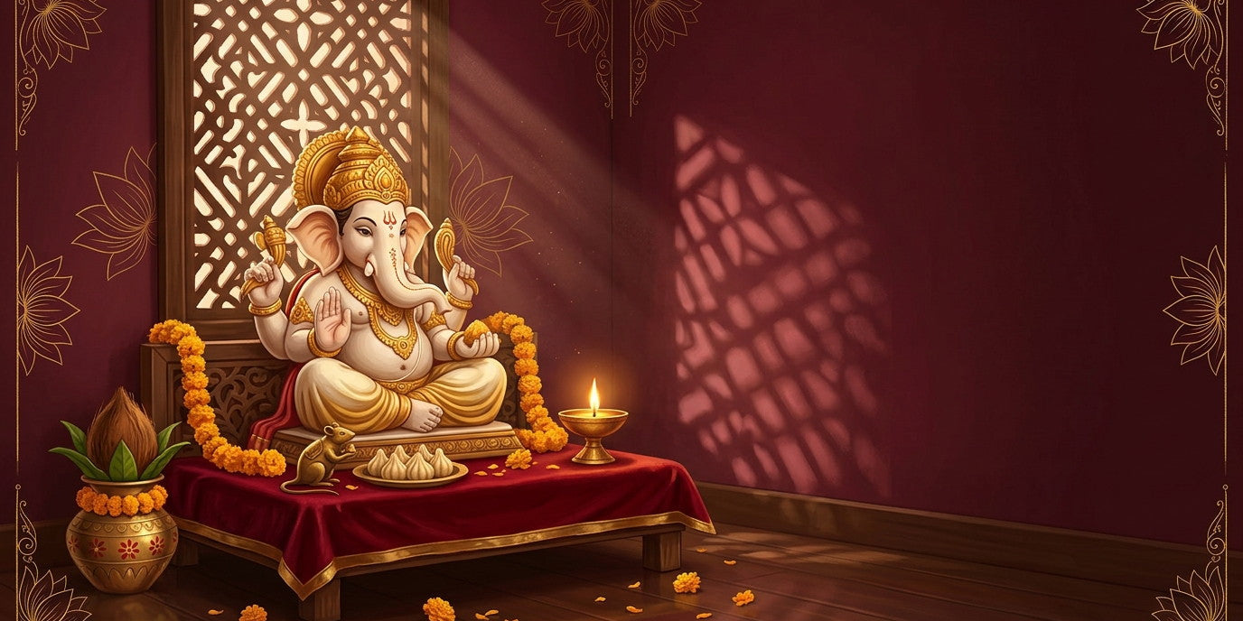 White and gold seated Ganesha on a red velvet chowki with brass diya, kalash, mouse and modaks in a maroon home mandir - Divine Sansar UAE