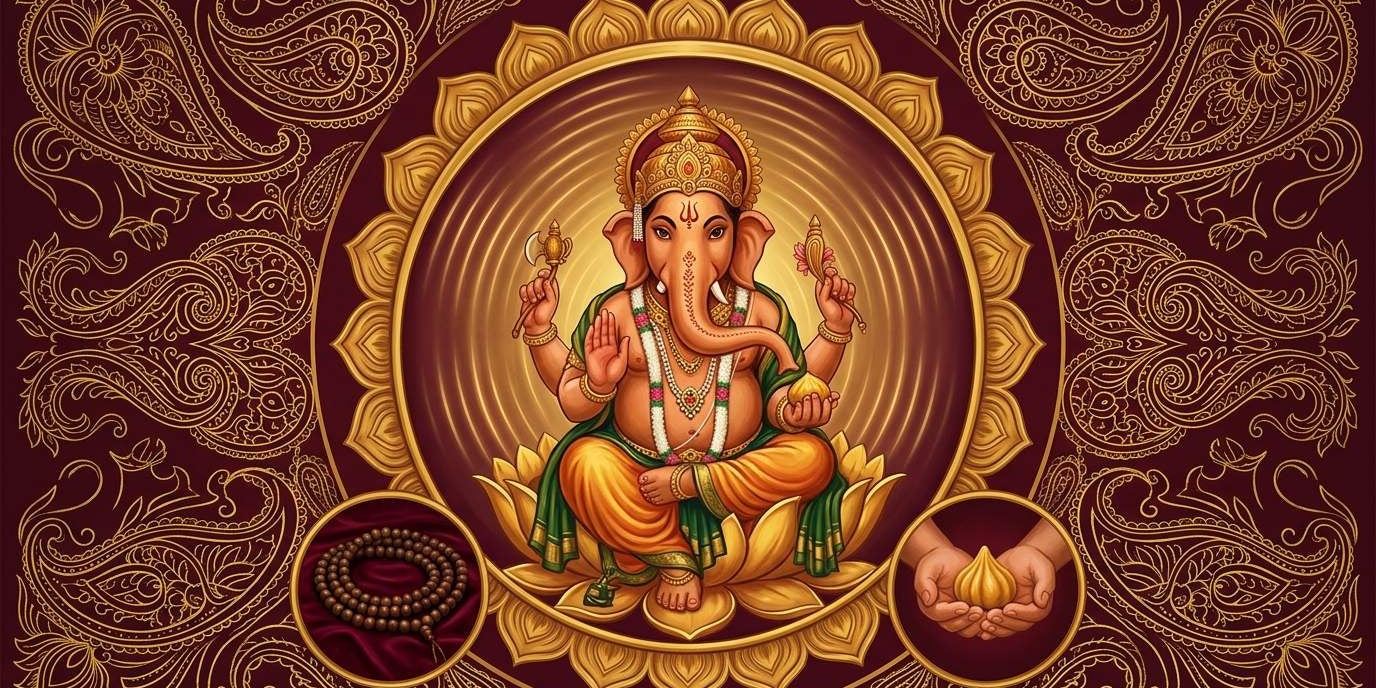 Four-armed Ganesha cupping a golden modak in a gold lotus roundel, with rudraksha japa beads and cupped hands on maroon paisley - Divine Sansar UAE