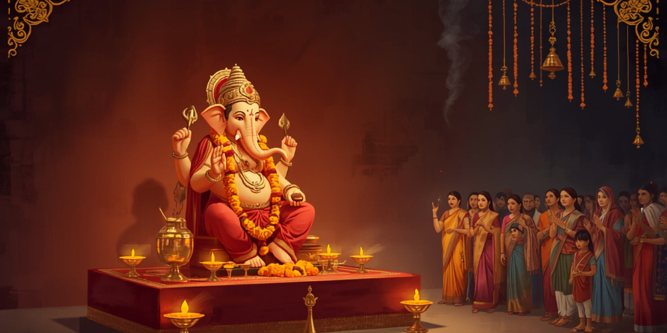 Garlanded Ganesha murti on a maroon platform with brass lamps and a queue of devotees waiting for darshan - Divine Sansar UAE