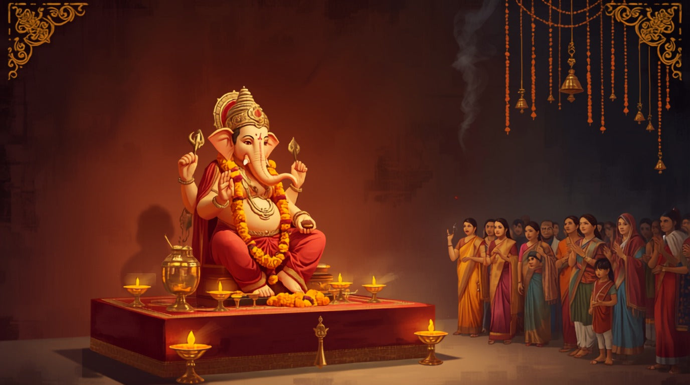 Garlanded Ganesha murti on a maroon platform with brass lamps and a queue of devotees waiting for darshan - Divine Sansar UAE