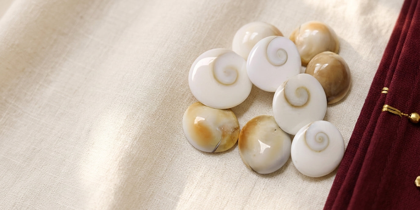 Authentic Gomti Chakra shells with natural spiral pattern on cream and maroon cloth - Divine Sansar UAE