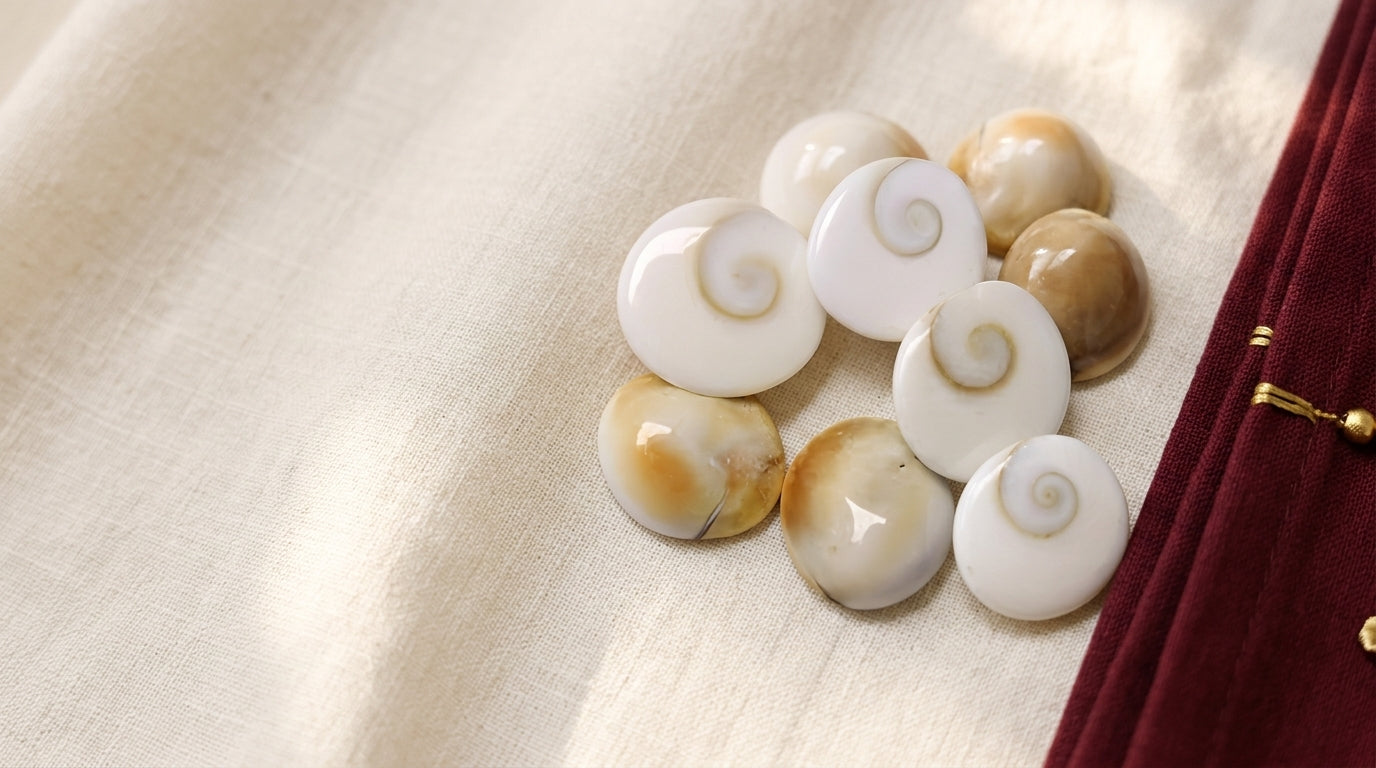 Authentic Gomti Chakra shells with natural spiral pattern on cream and maroon cloth - Divine Sansar UAE