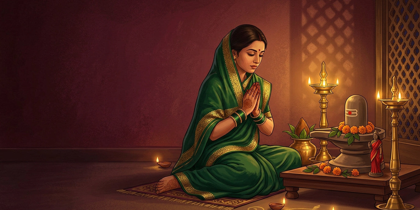 Woman in a green saree keeping the Hartalika Teej vigil at a home mandir with a sand shivling and brass lamps - Divine Sansar UAE