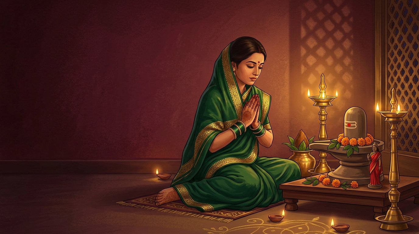 Woman in a green saree keeping the Hartalika Teej vigil at a home mandir with a sand shivling and brass lamps - Divine Sansar UAE