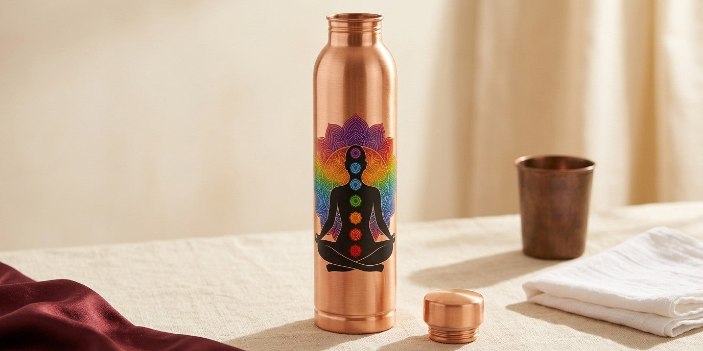Copper water bottle with cap off beside a folded cotton cloth and a patinated copper tumbler on linen - Divine Sansar UAE