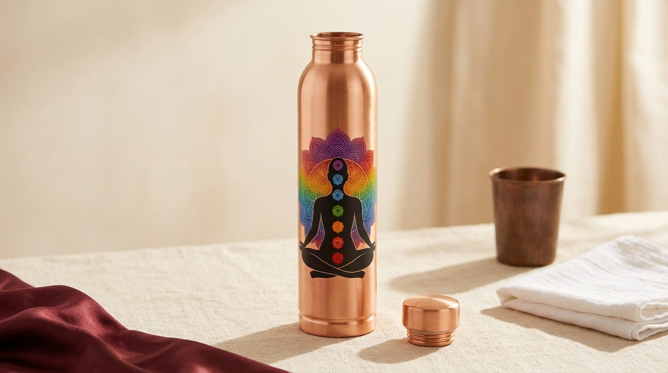Copper water bottle with cap off beside a folded cotton cloth and a patinated copper tumbler on linen - Divine Sansar UAE