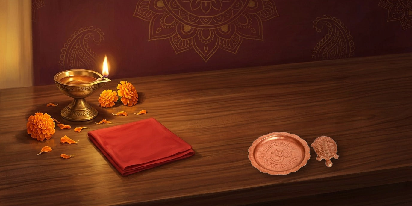 Copper Icchapurti tortoise and its Om embossed copper plate on a wooden desk with a brass diya - Divine Sansar UAE