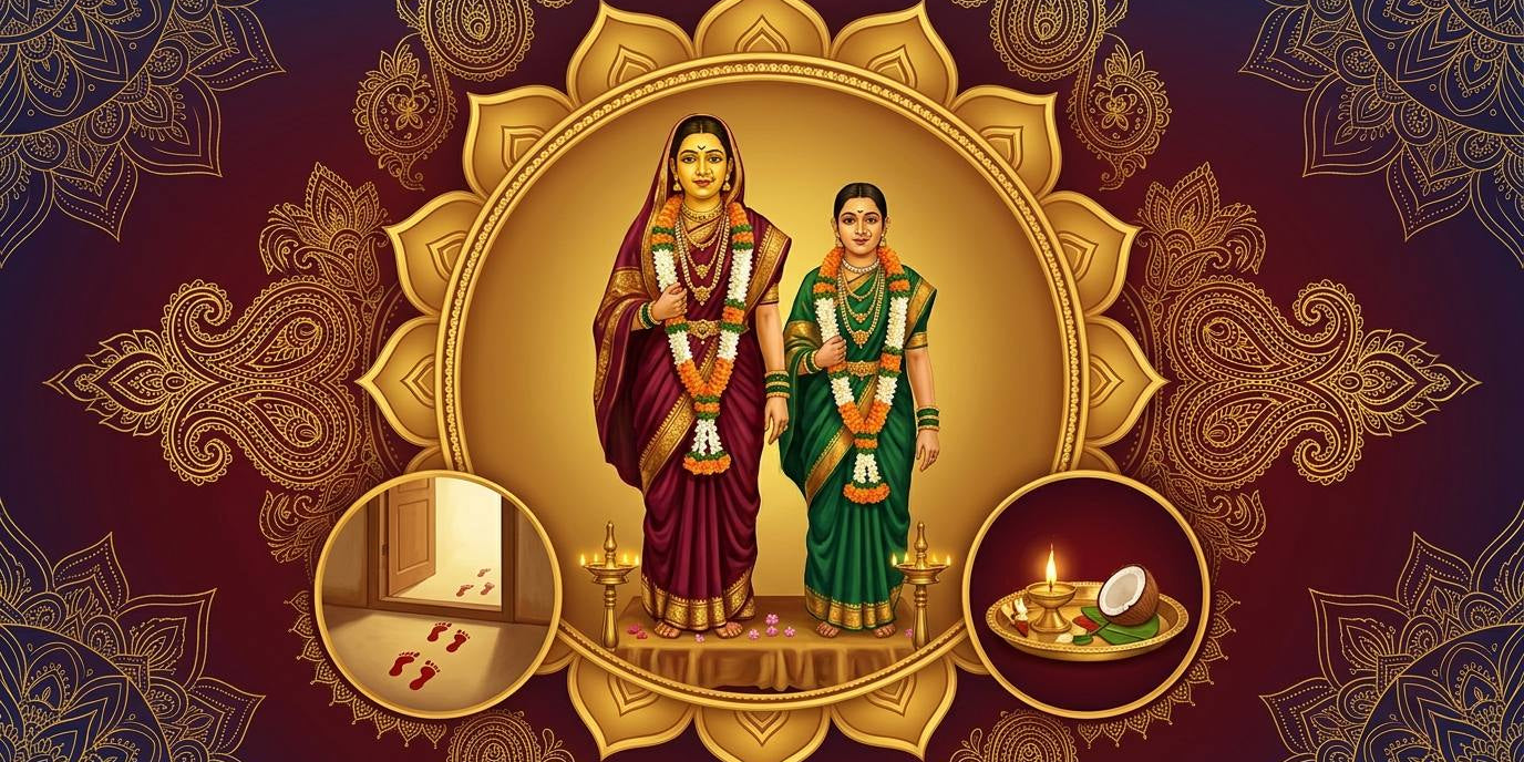 Two Jyeshtha Gauri idols in maroon and green silk sarees with flower garlands inside a gold lotus medallion - Divine Sansar UAE