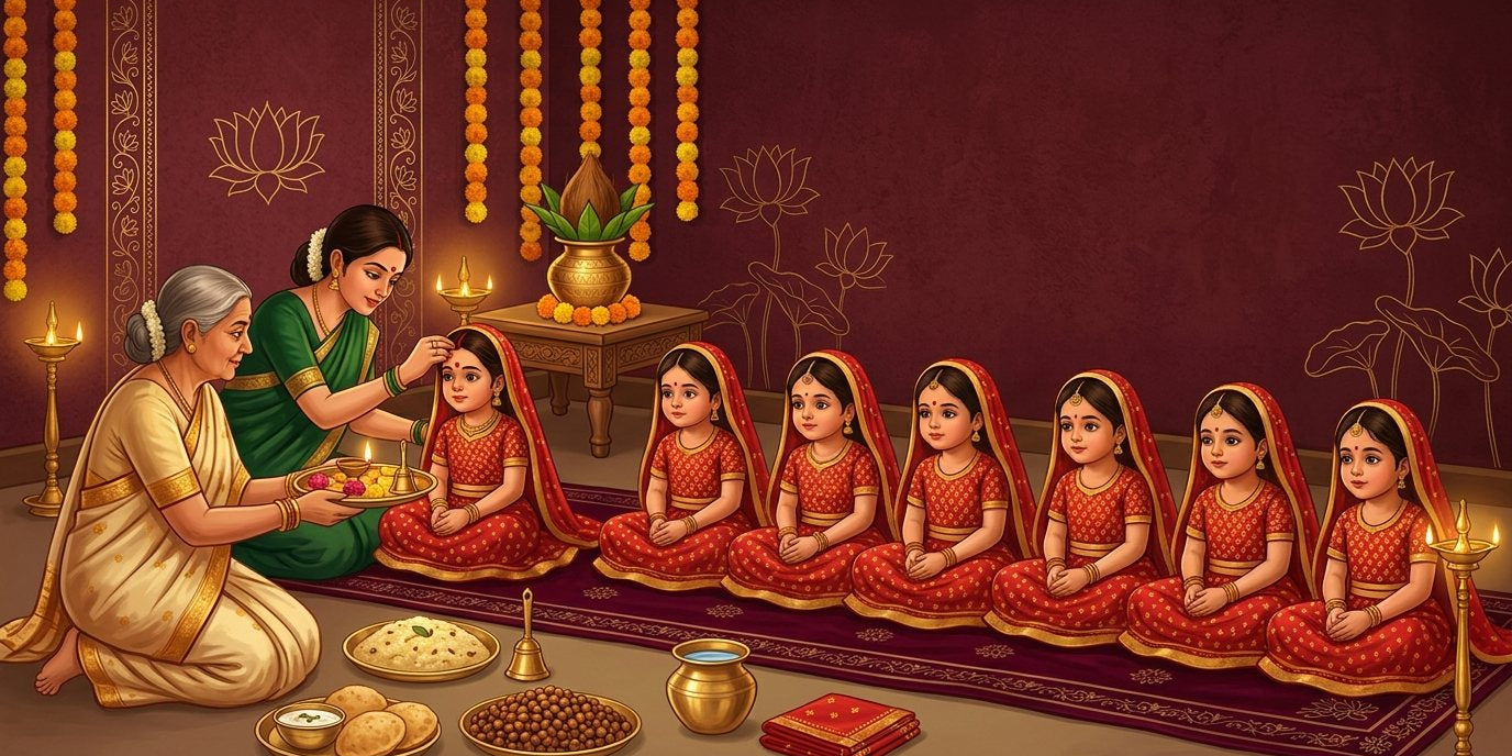 Row of small girls in red and gold seated on a maroon aasan receiving tilak, brass thalis of puri, chana and halwa - Divine Sansar UAE