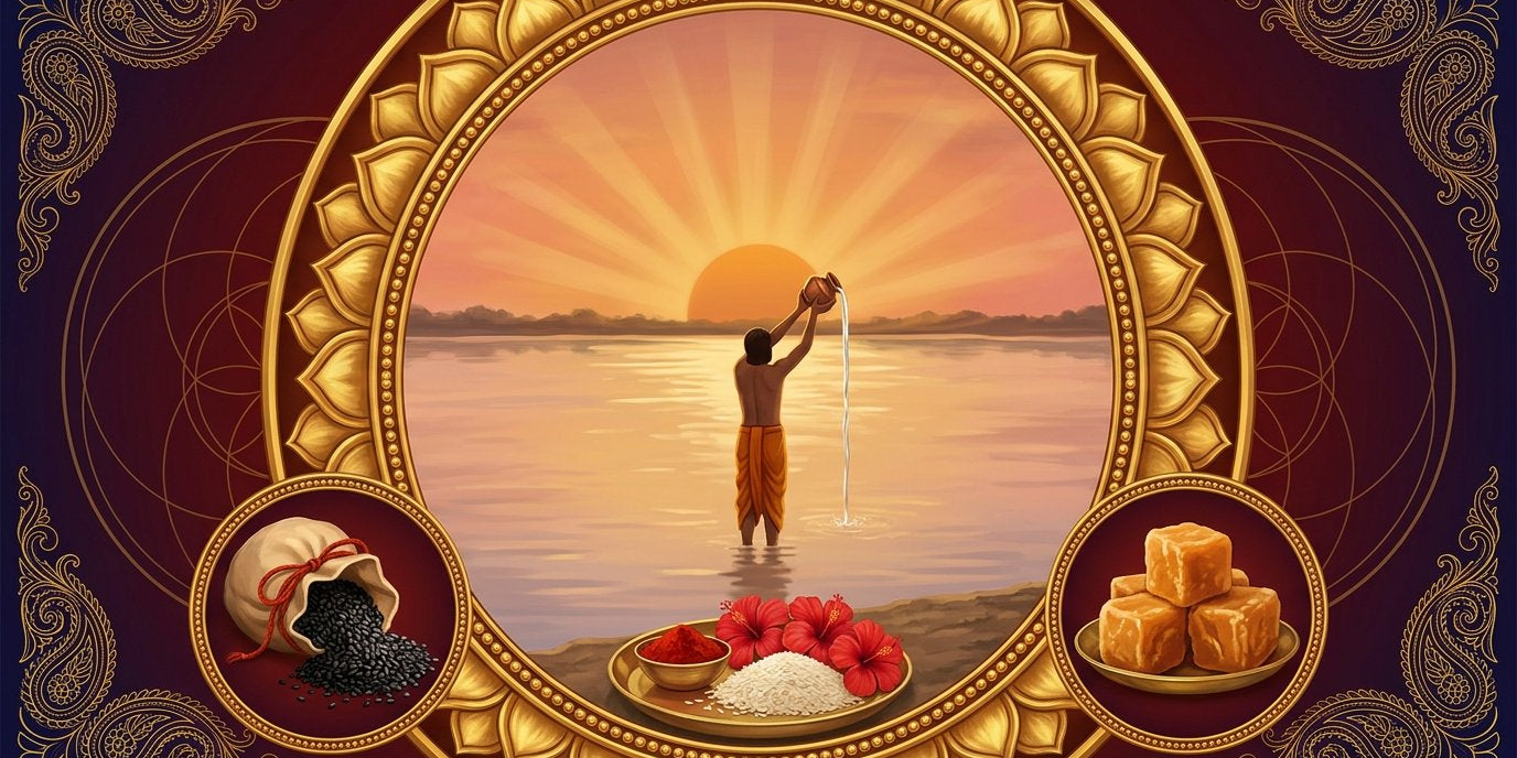 Devotee in a river at dawn pouring arghya from a copper kalash toward the rising sun, black til and gur in gold roundels - Divine Sansar UAE