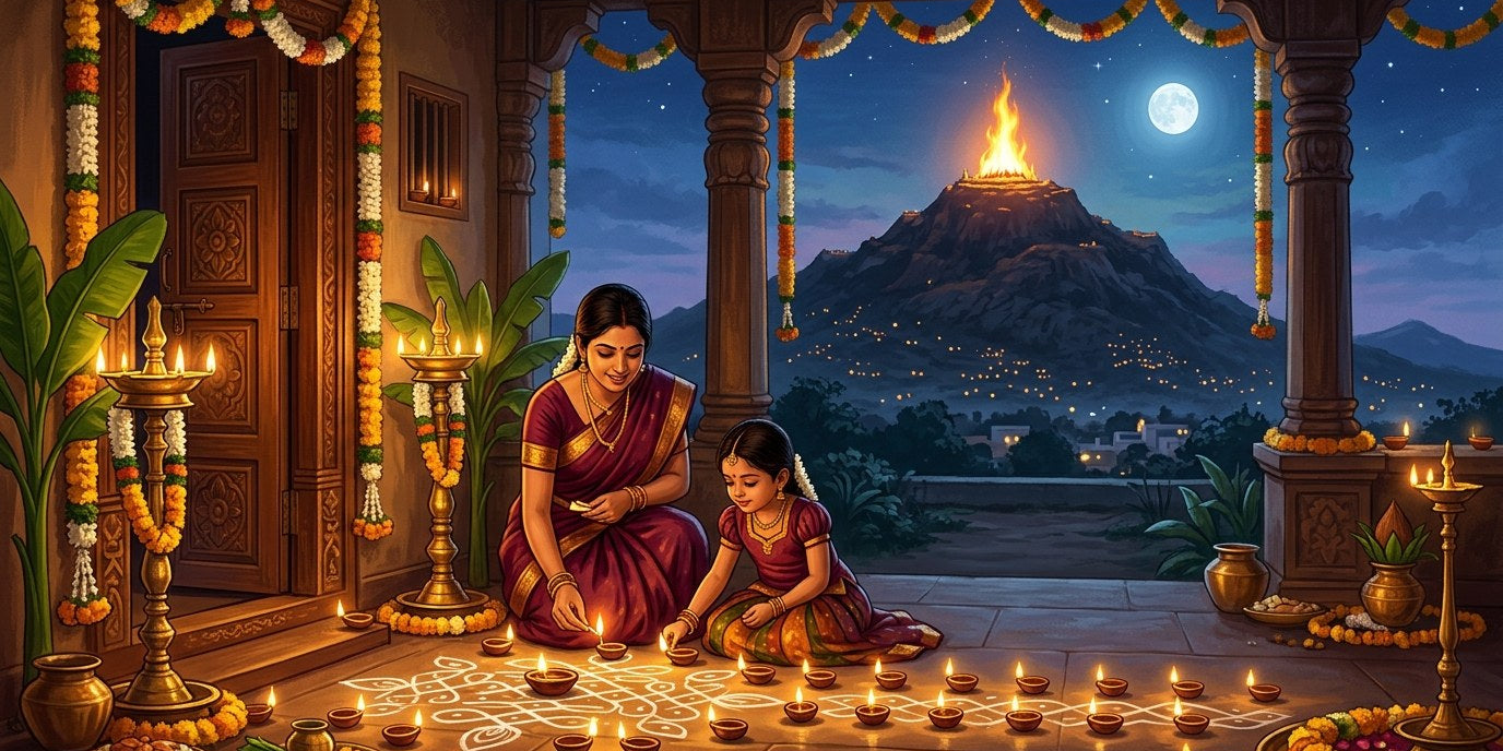 Tamil mother and daughter lighting clay agal vilakku lamps on a kolam while the Maha Deepam burns on Arunachala hill - Karthigai Deepam 2026 - Divine Sansar
