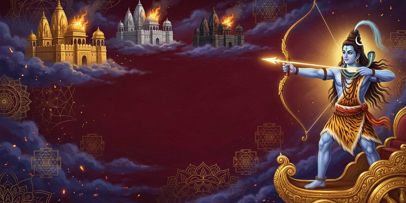 Shiva on a golden chariot looses a blazing arrow at three flying cities of gold, silver and iron in a maroon night sky - Divine Sansar UAE
