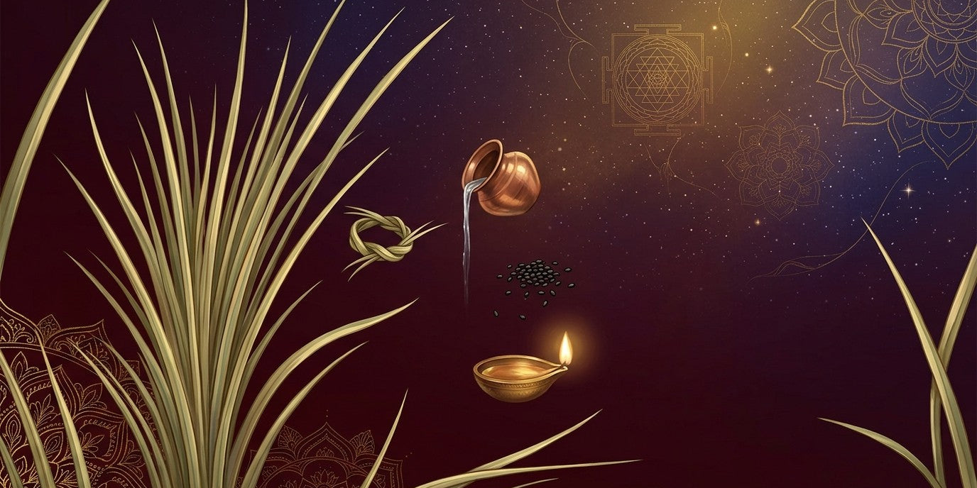 Tuft of kusha grass with a pavitri ring, copper lota pouring water, black sesame and a brass diya on a maroon sky - Divine Sansar UAE