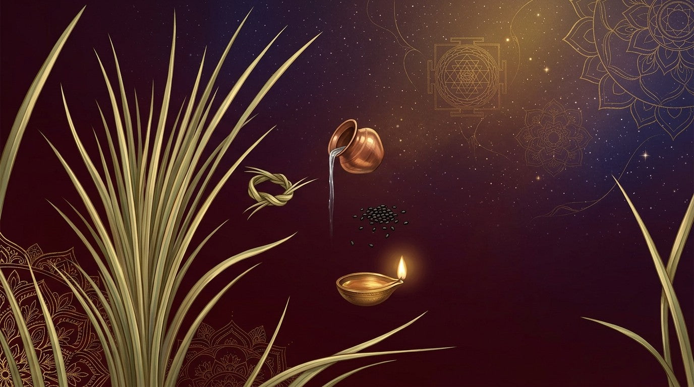 Tuft of kusha grass with a pavitri ring, copper lota pouring water, black sesame and a brass diya on a maroon sky - Divine Sansar UAE