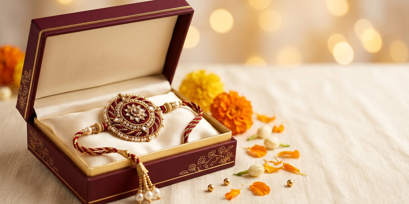 Rakhi in the signature maroon Divine Sansar gift box - fast UAE delivery