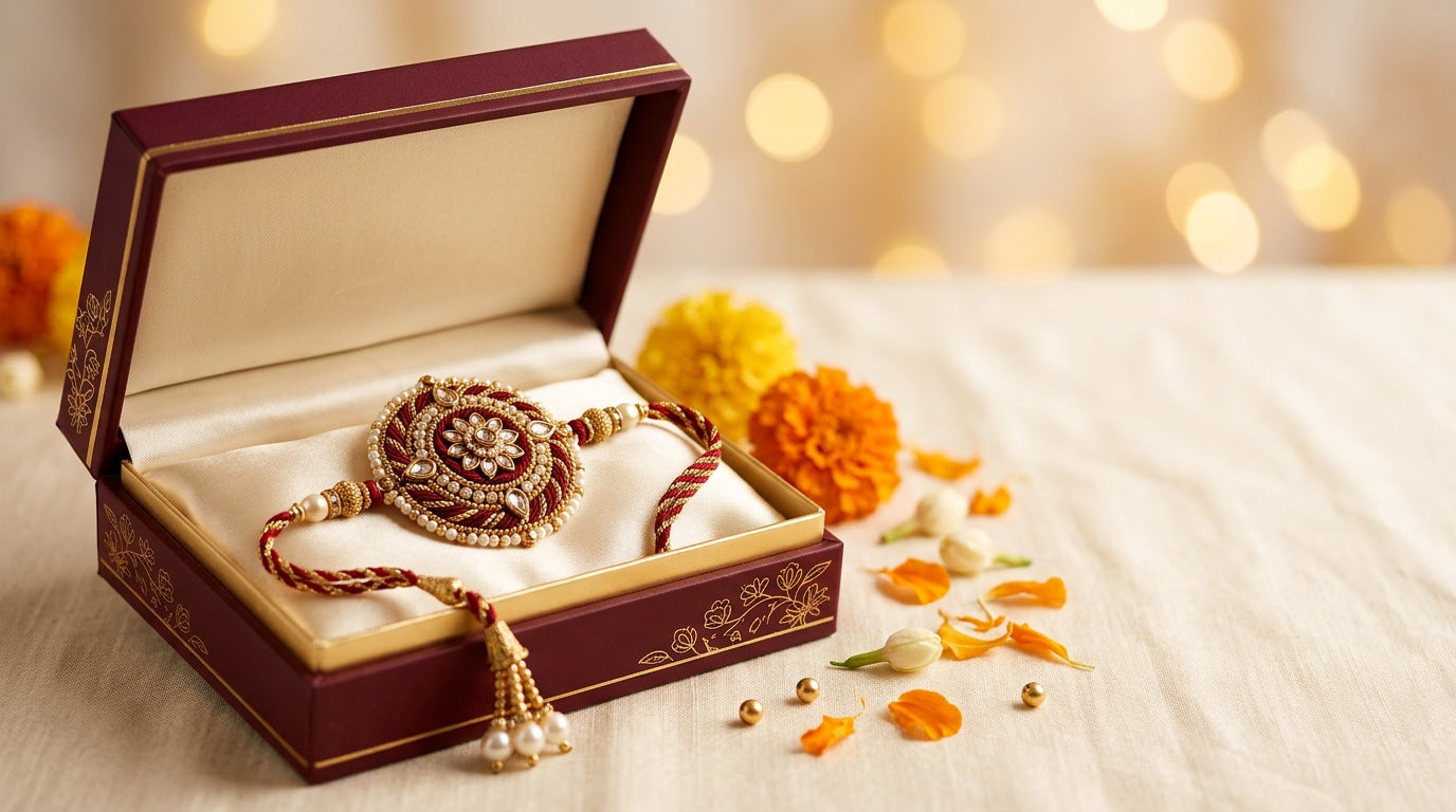 Rakhi in the signature maroon Divine Sansar gift box - fast UAE delivery