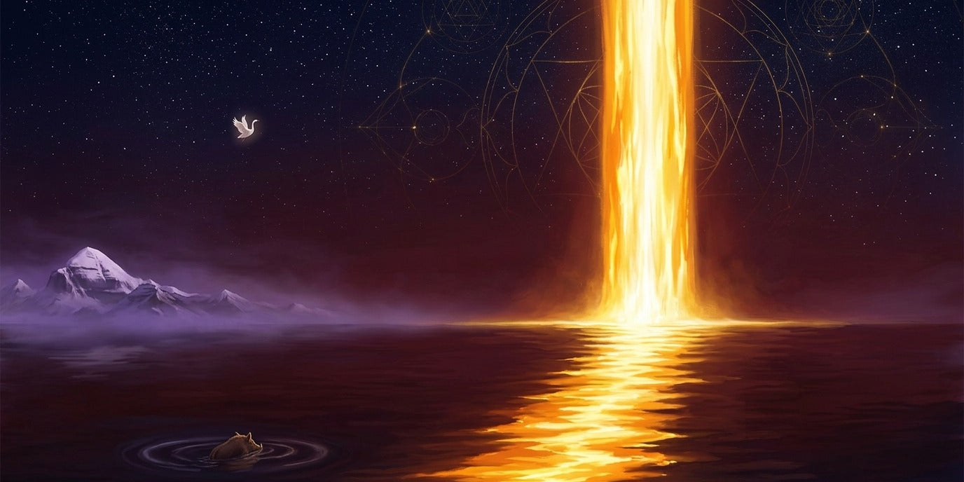 Endless pillar of fire rising from a dark ocean with Kailash beyond, the swan above and the boar below - Divine Sansar