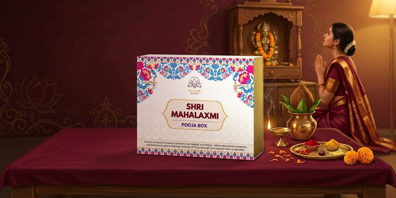Shri Mahalaxmi Diwali Pooja Box on a maroon draped chowki beside a brass kalash, lit diya and kumkum thali - Divine Sansar UAE