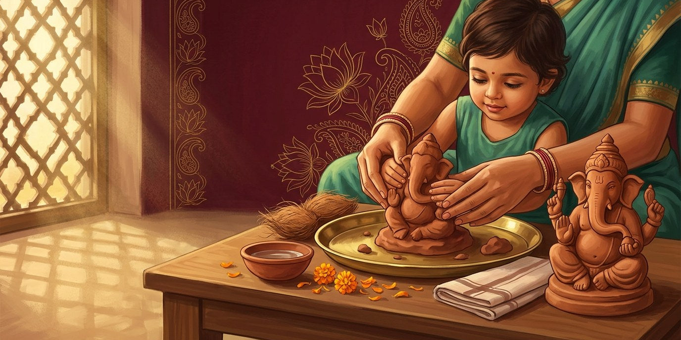 Mother's hands guiding a child's as they shape red-brown clay on a brass tray, a finished terracotta Ganesha beside them - Divine Sansar UAE