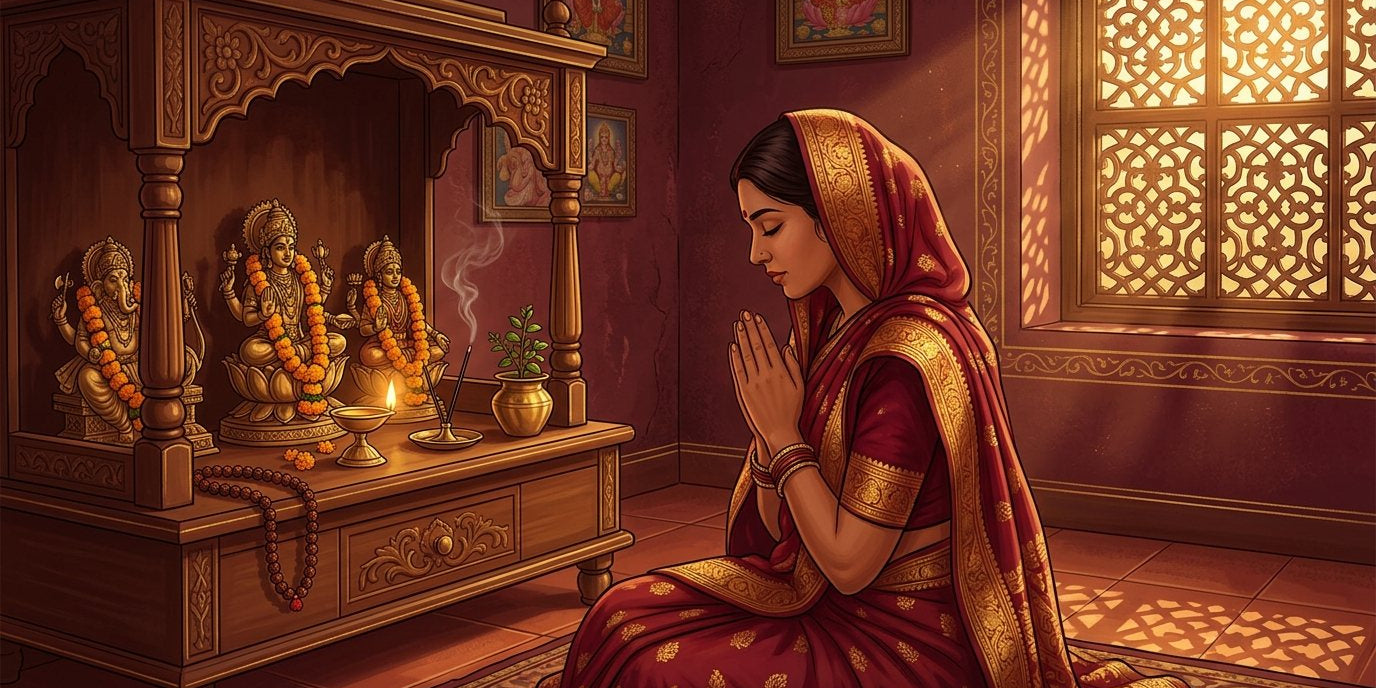Woman in a red saree at prayer before a wooden home mandir with brass idols, diya and tulsi at dawn - Divine Sansar UAE