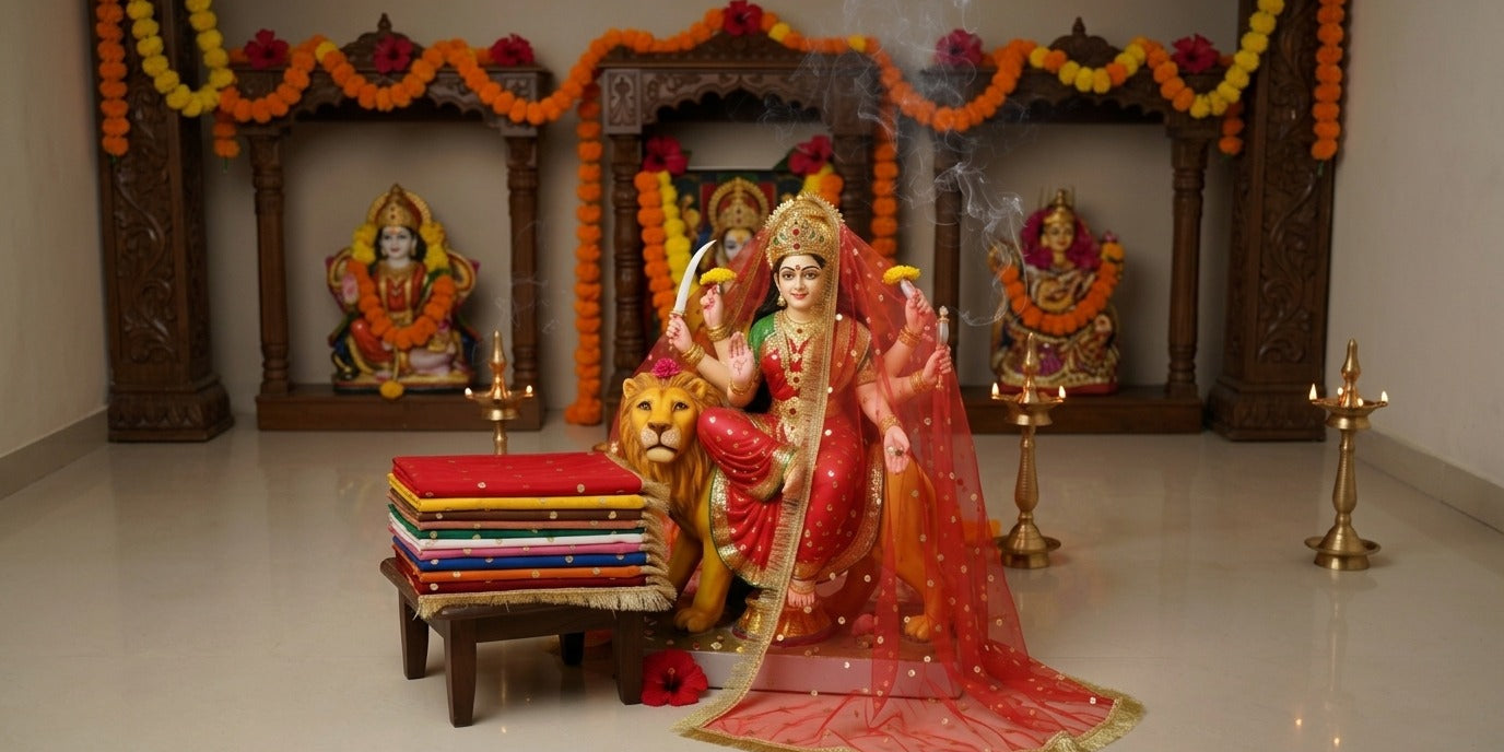 Maa Durga idol on her lion draped with a red net chunri with golden frill, a stack of folded coloured chunris on a wooden chowki beside her at a home mandir - Divine Sansar UAE