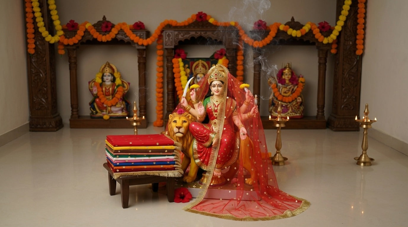 Maa Durga idol on her lion draped with a red net chunri with golden frill, a stack of folded coloured chunris on a wooden chowki beside her at a home mandir - Divine Sansar UAE