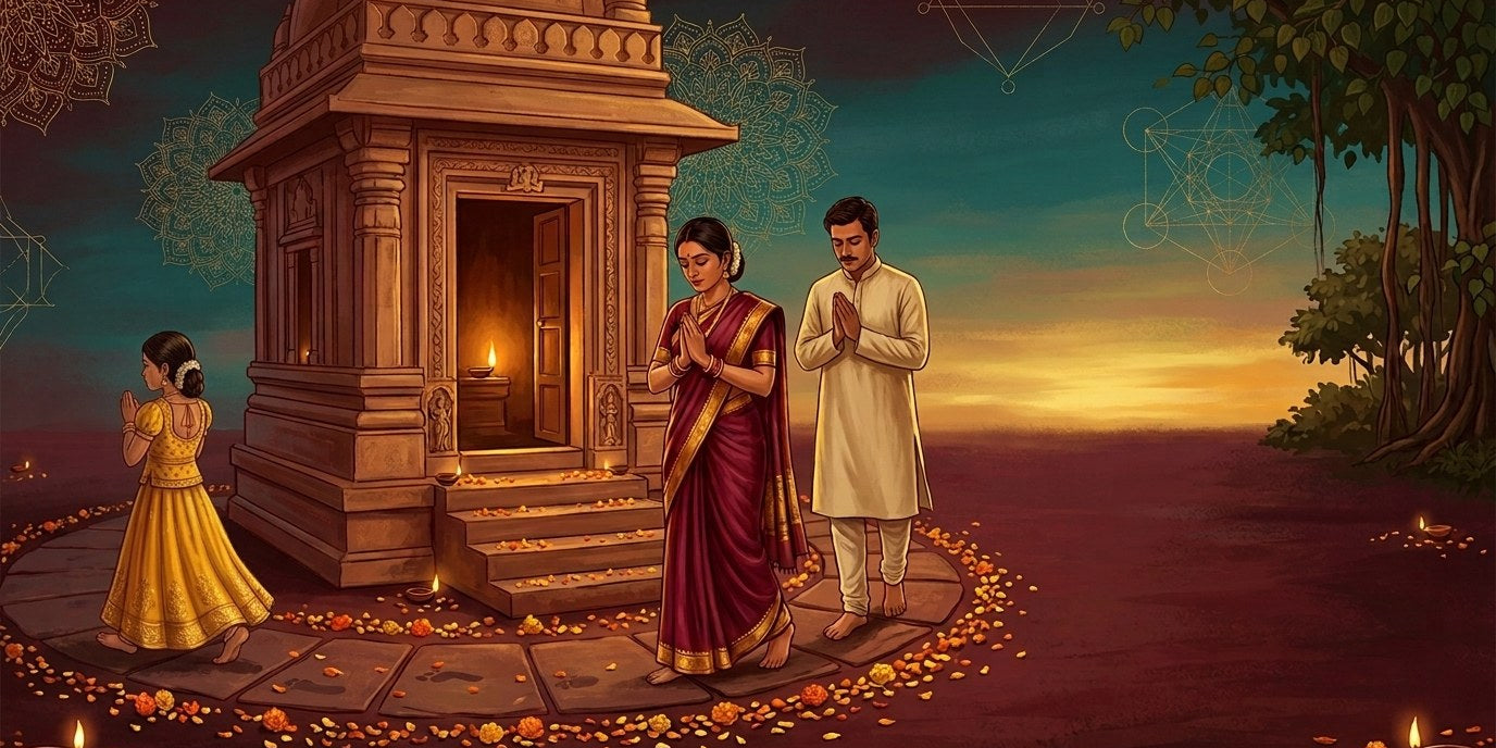 Illustrated Indian family walking barefoot clockwise in single file around a stone temple shrine at dusk - Divine Sansar UAE