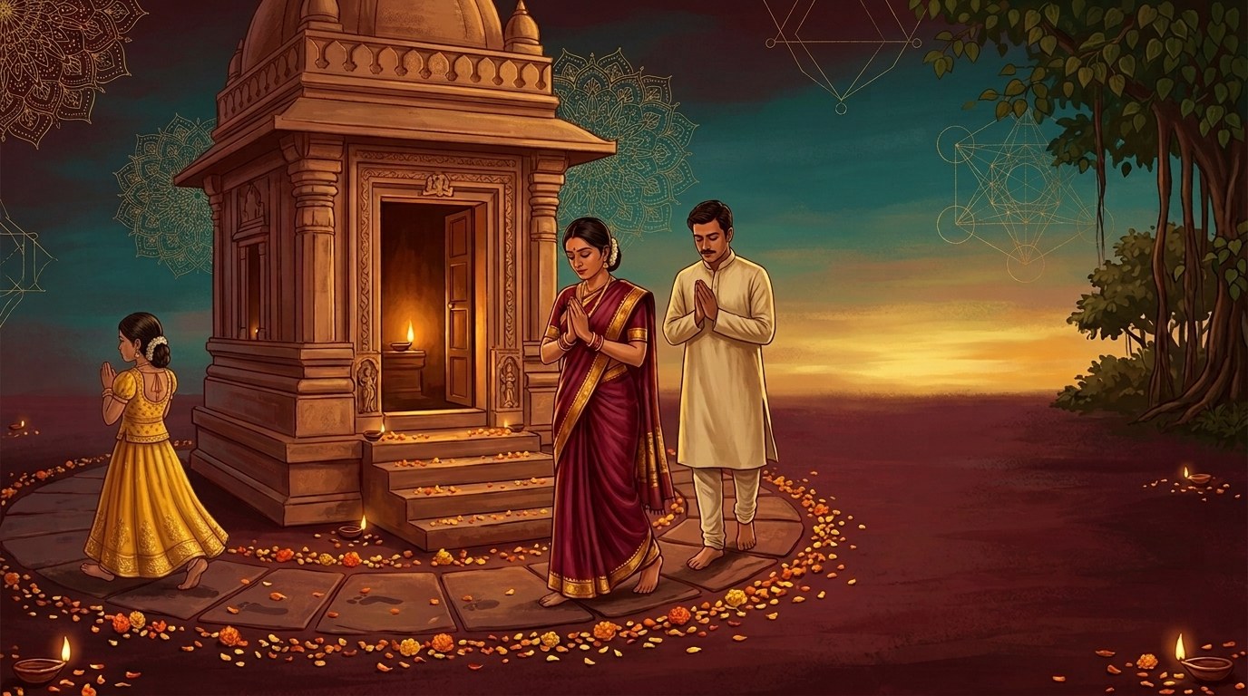 Illustrated Indian family walking barefoot clockwise in single file around a stone temple shrine at dusk - Divine Sansar UAE