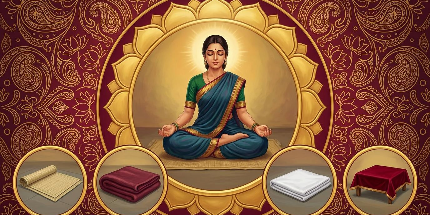 Woman meditating on a woven mat inside a gold lotus roundel, with vignettes of grass, wool, cotton and velvet aasans - Divine Sansar UAE