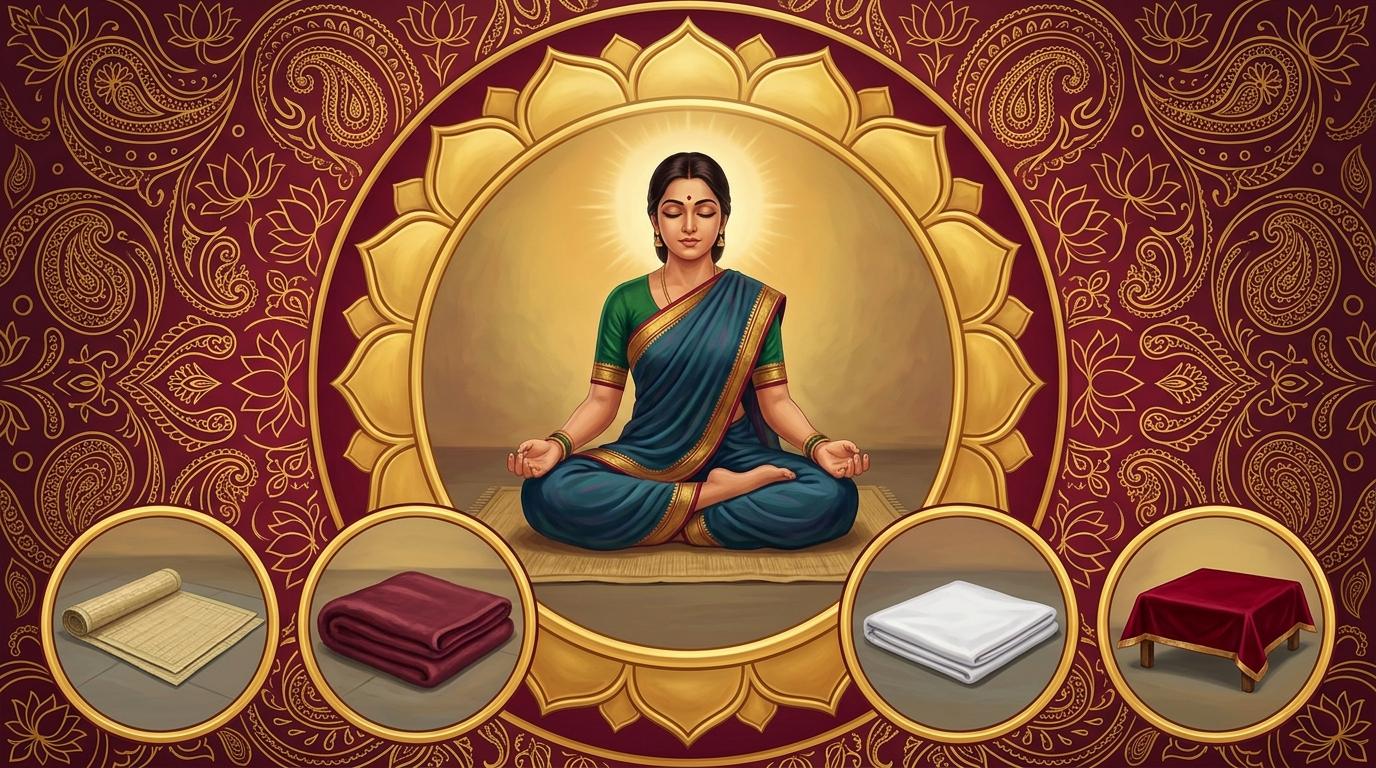 Woman meditating on a woven mat inside a gold lotus roundel, with vignettes of grass, wool, cotton and velvet aasans - Divine Sansar UAE