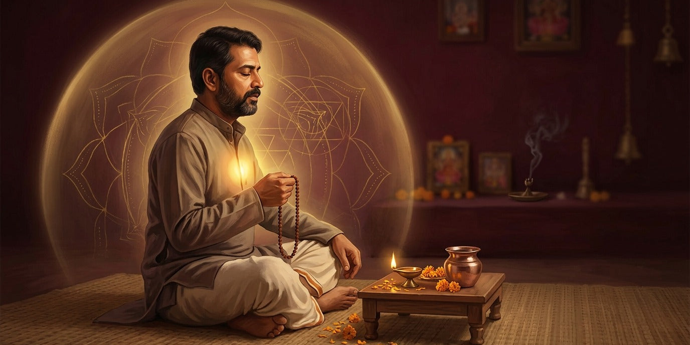 Man chanting with a rudraksha mala inside a dome of golden light before a home mandir and lit diya - Divine Sansar UAE