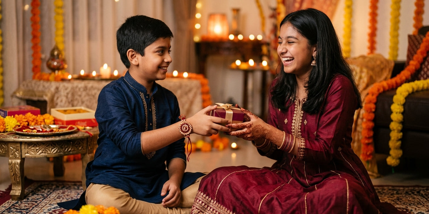 Brother giving a Raksha Bandhan gift to his sister - Divine Sansar UAE