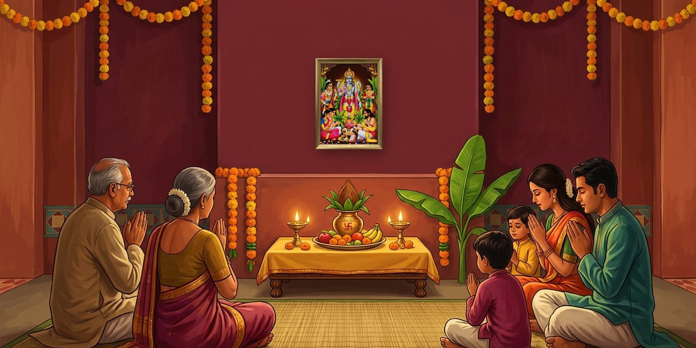 Family seated for Satyanarayan katha before a framed Satyanarayan picture with kalash and thali - Divine Sansar UAE