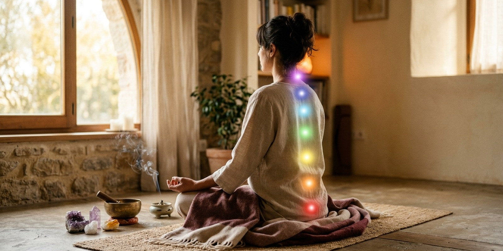A woman meditating with the seven chakras glowing along her spine - Divine Sansar