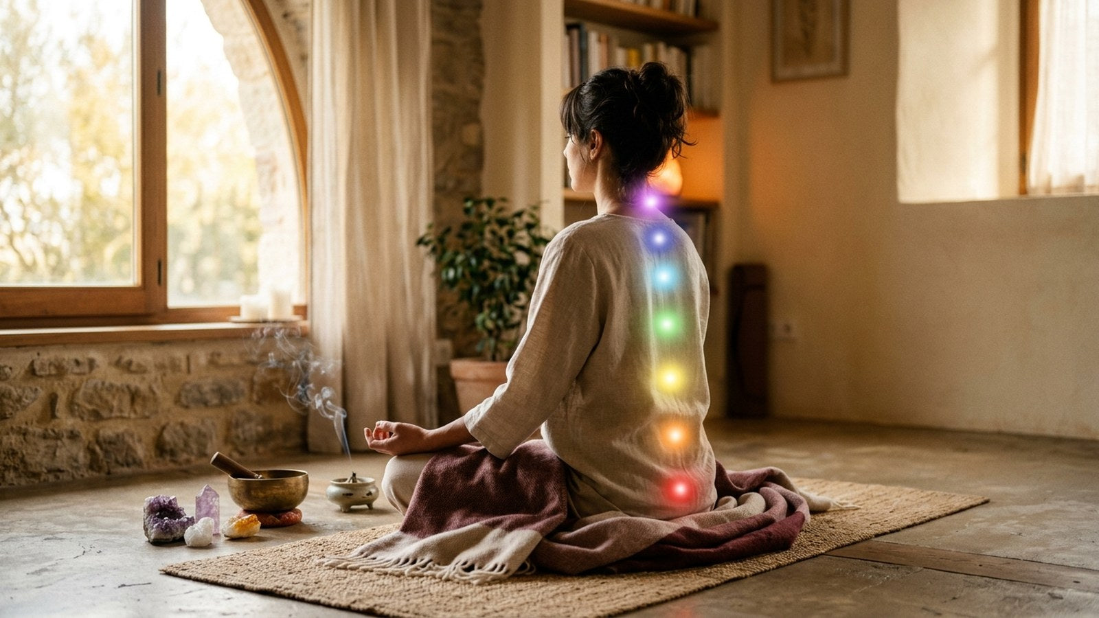 A woman meditating with the seven chakras glowing along her spine - Divine Sansar