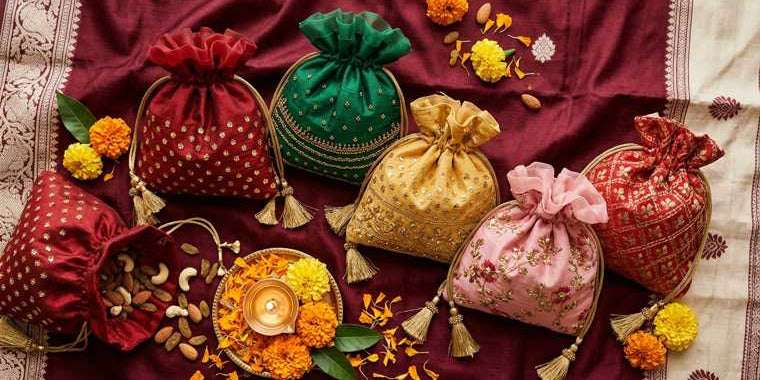 Red, green, gold and pink silk shagun potli gift bags with marigold, diya and dry fruits - Divine Sansar UAE
